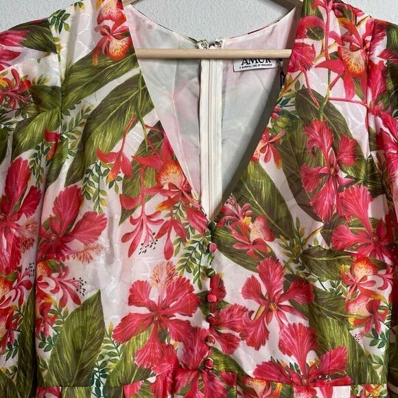 NEW AMUR Dress Floral Tropical Puff Sleeve Mini Dress Red Size 8 - Picture 4 of 9